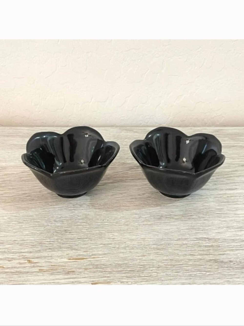 Pier 1 Dishes Bowls Set of 2 Black Flower Shape Ceramic Porcelain